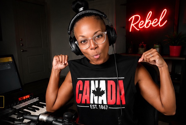 Rebel in her studio wearing headphones with a neon Rebel sign glowing behind her